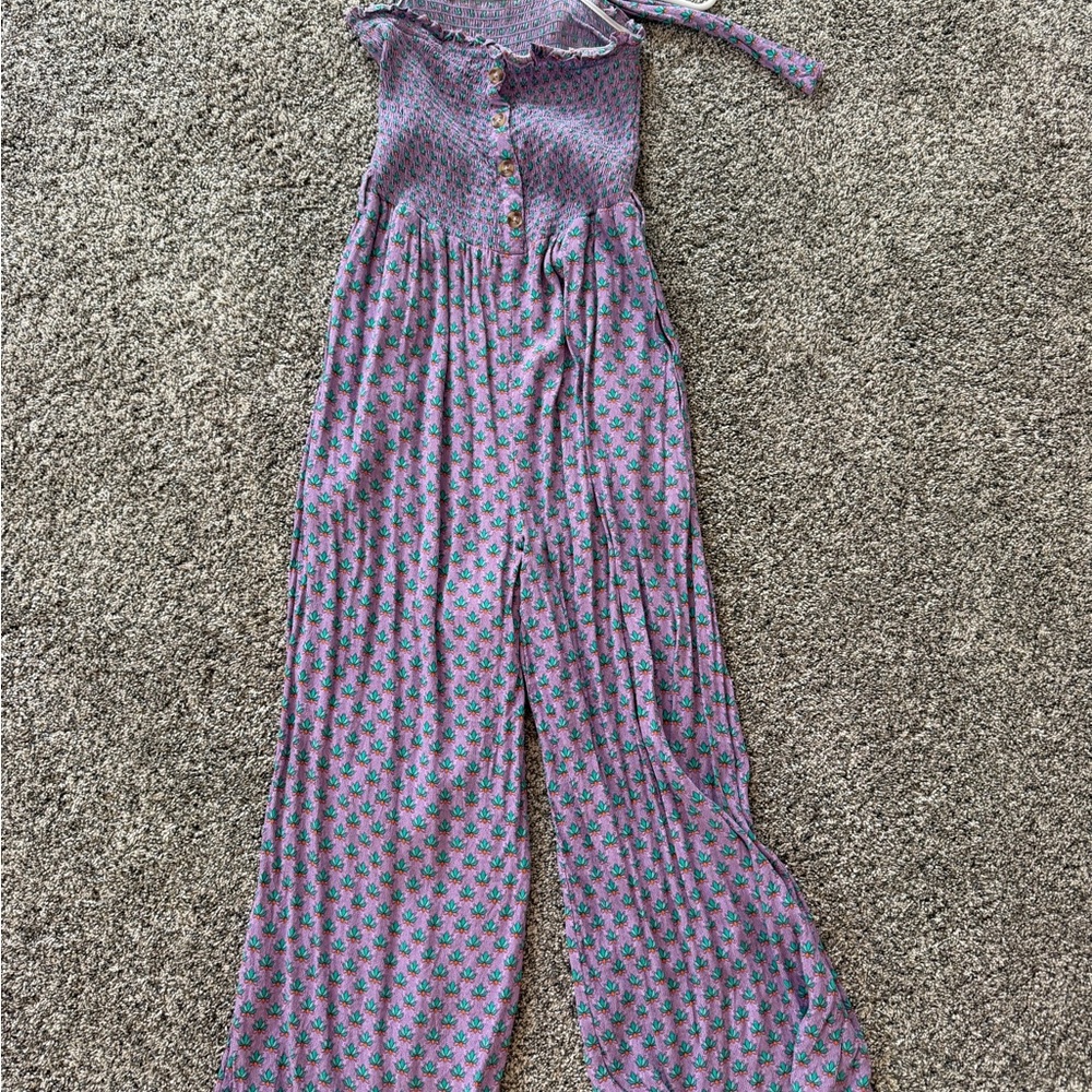 Olivaceous Lavender Floral Button-Front Wide-Leg Jumpsuit